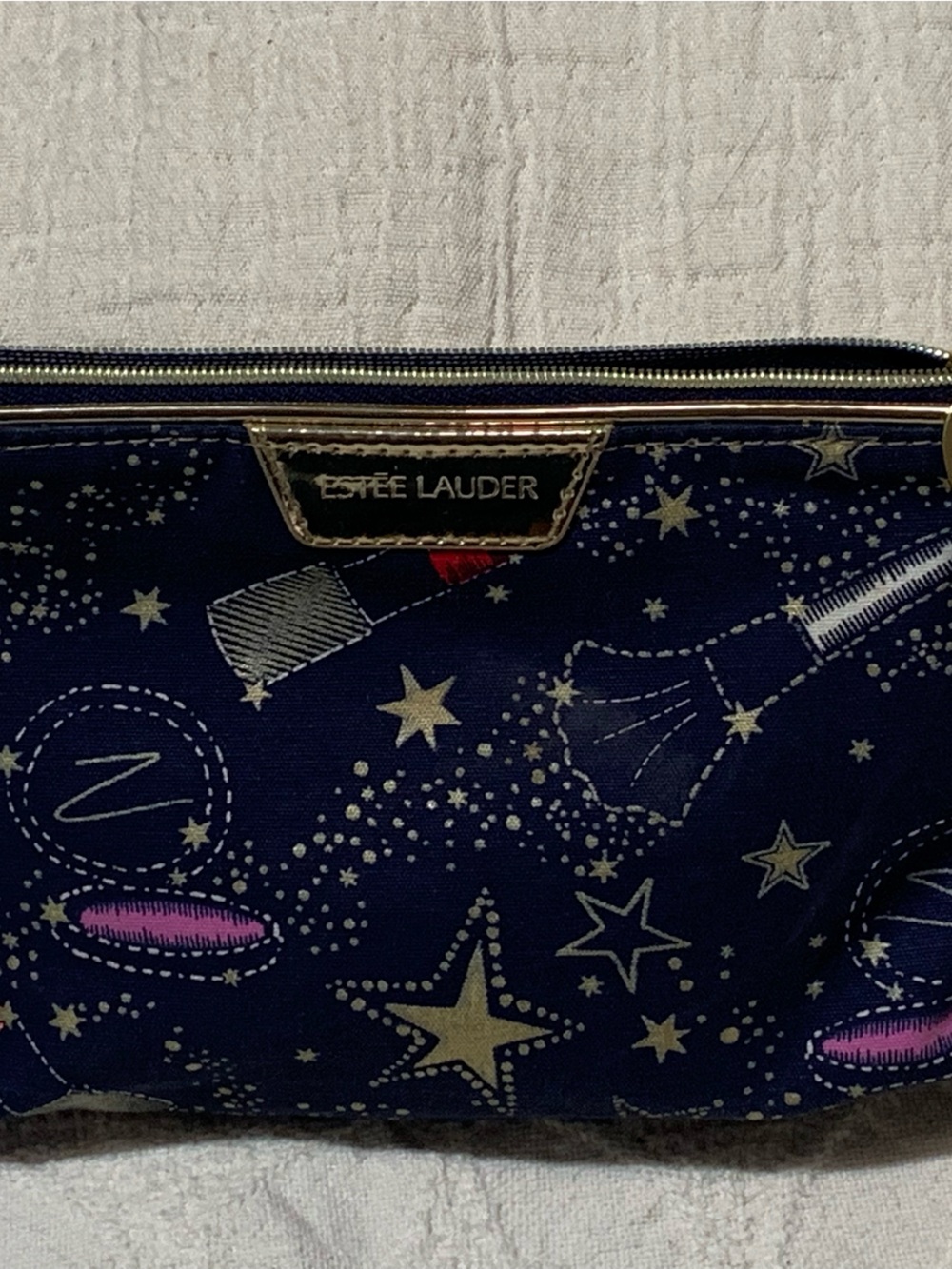 Estee Lauder Navy Star & Makeup Print Cosmetic Pouch with Pink Accents